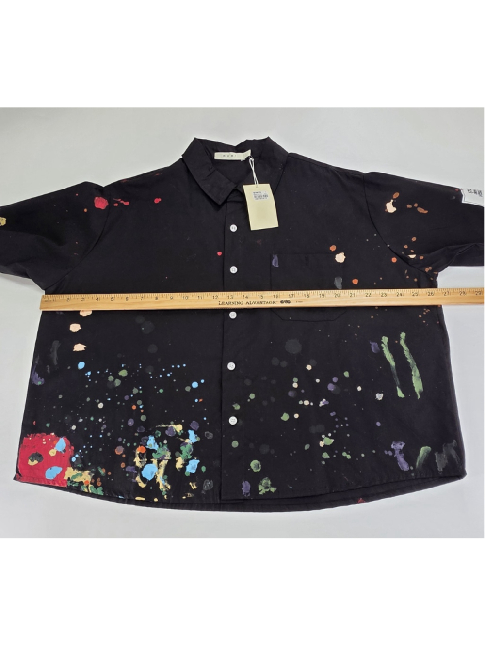 MNML Painter Camp Shirt Mens Large Black Paint Splatter Cropped Button Up NWT - Picture 9 of 12